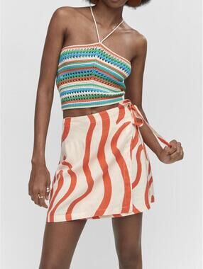Mango Printed Linen-Blend Skirt Orange Ecru NWT Size XS